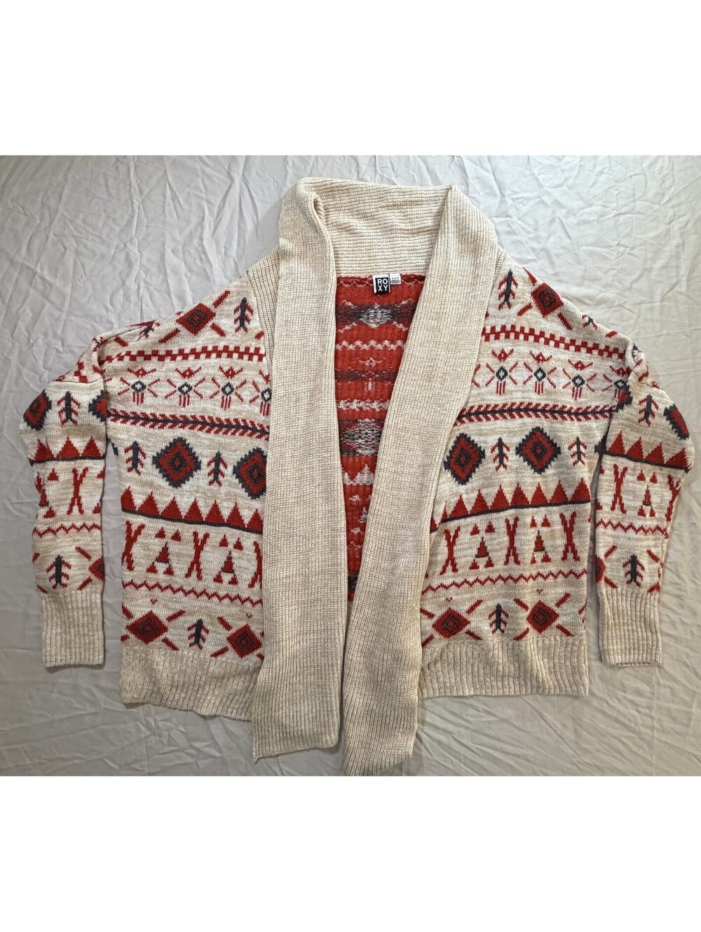 Roxy Cardigan Womens M Cream Red Southwestern Shawl Collar Open Front Sweater